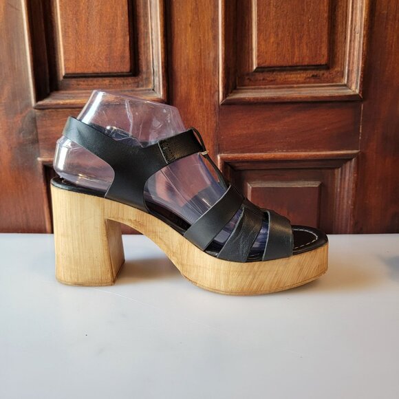 Silent D Shoes - Anthropologie Silent D Italian Black Leather Wooden Fisherman Heels Sz 41